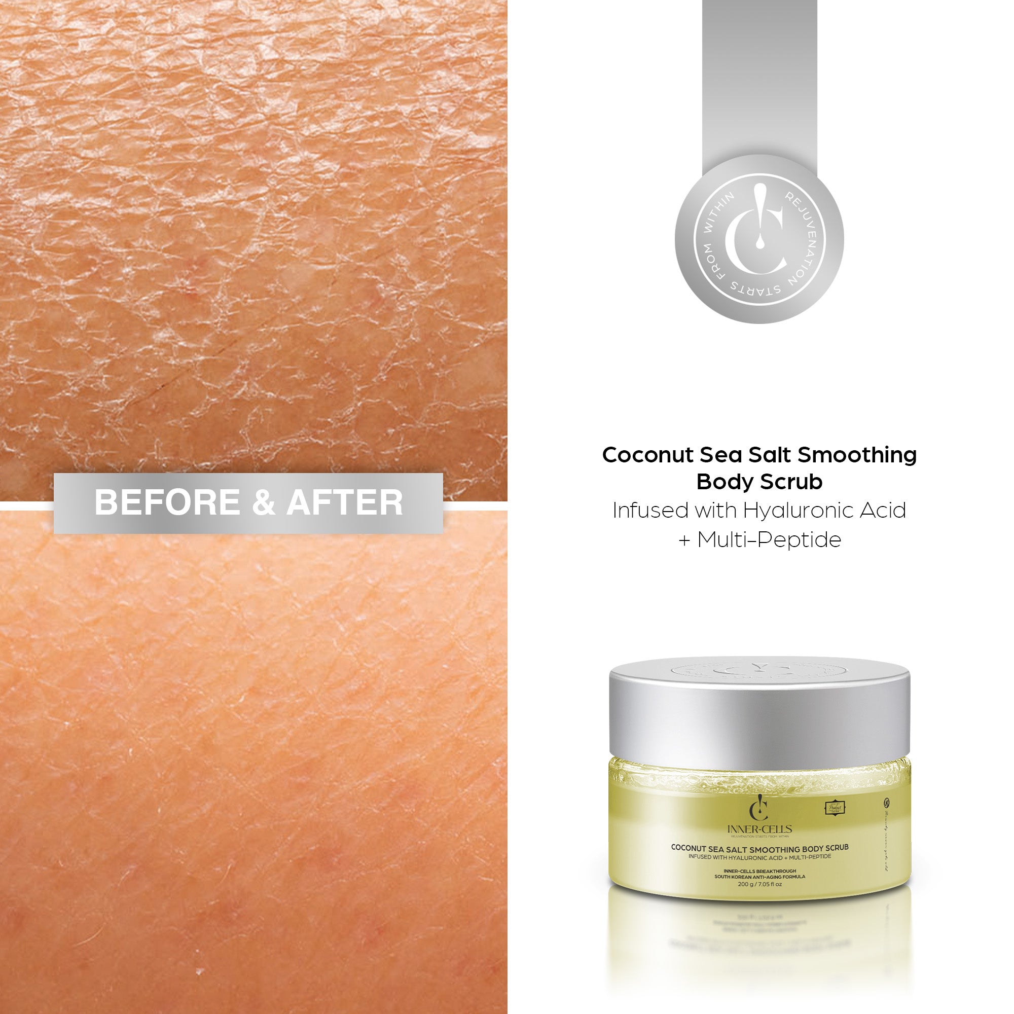 Coconut Sea Salt Smoothing Body Scrub Infused with Hyaluronic Acid + Multi-Peptide