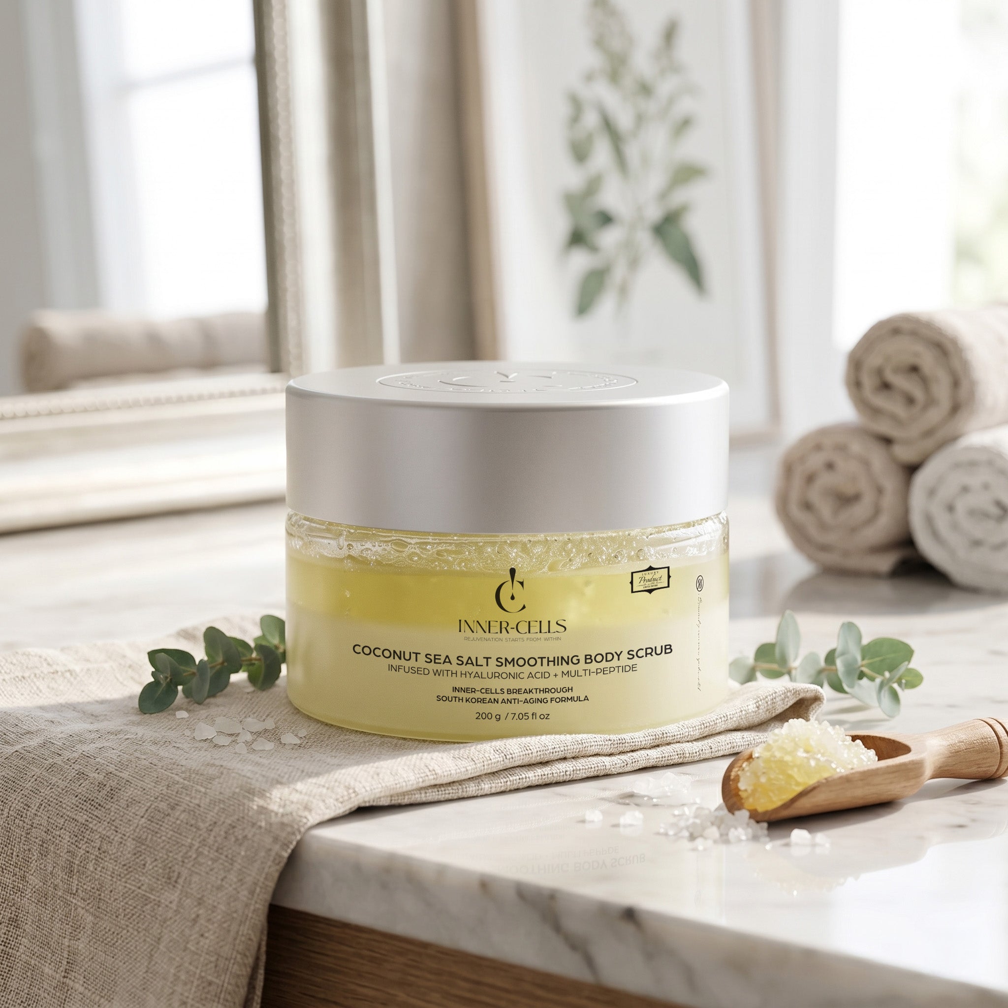 Coconut Sea Salt Smoothing Body Scrub Infused with Hyaluronic Acid + Multi-Peptide