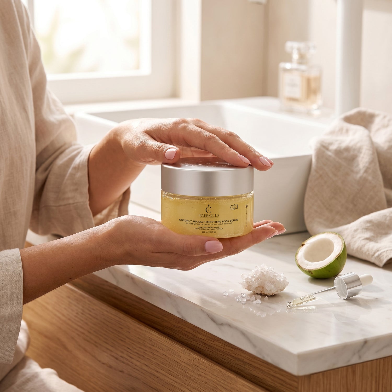 Coconut Sea Salt Smoothing Body Scrub Infused with Hyaluronic Acid + Multi-Peptide