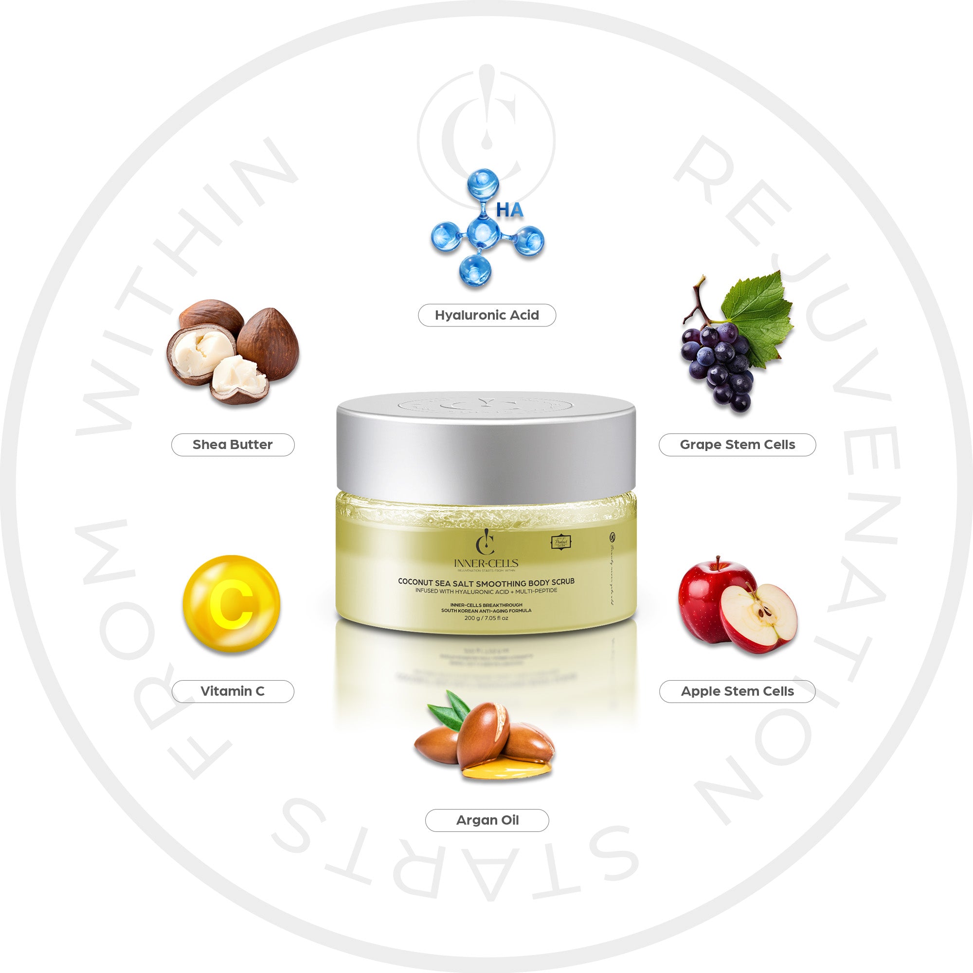 Coconut Sea Salt Smoothing Body Scrub Infused with Hyaluronic Acid + Multi-Peptide